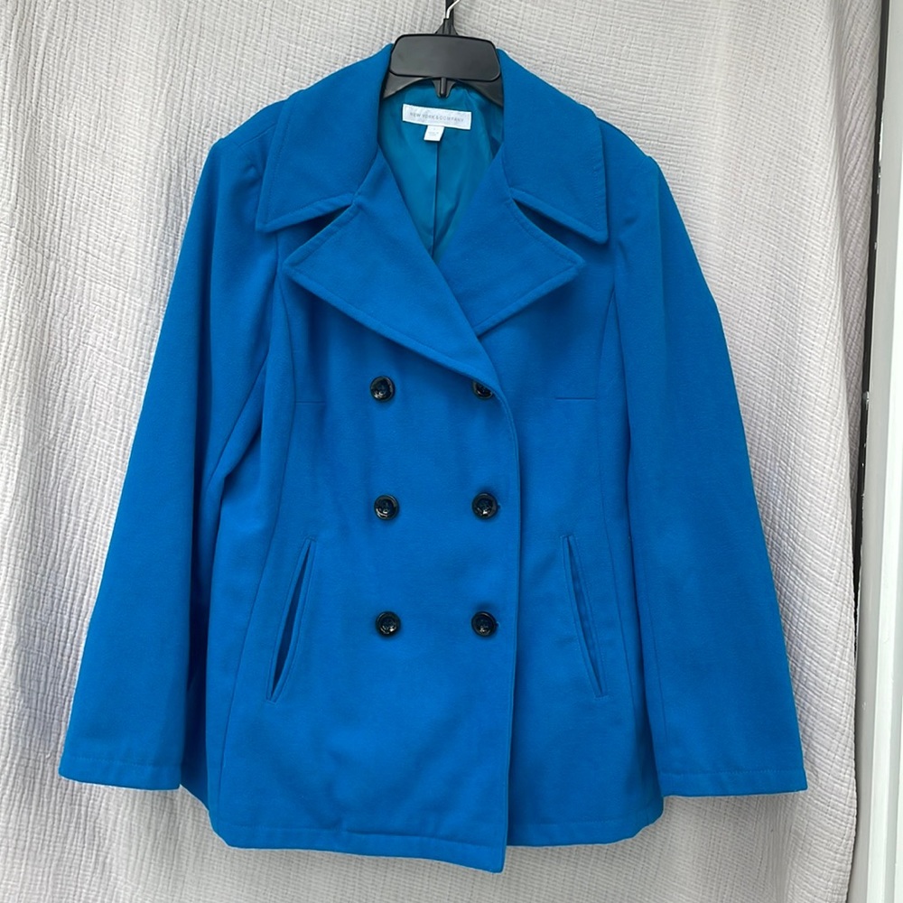 Peacoat NY&C dk turquoise L dbl-breasted slit pockets chest darts wool blend